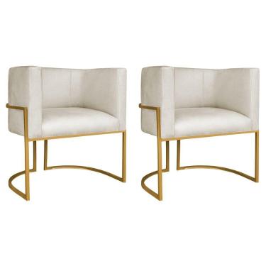 Imagem de Kit 02 Poltronas Decorativas Luna Base De Ferro Dourado Linho Bege