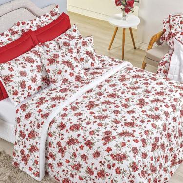 Imagem de Kit Edredom Craft Casal Padrão Dupla Face 5 Peças Percal 200 Fios 100% Algodão - Estampa Rosas Vermelha