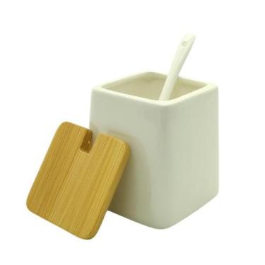 Imagem de Saleiro Cerâmica Branco Tampa Bambu C/ Colher Açucareiro - CLICK HOUSE