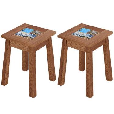 Imagem de Kit 02 Banquetas Baixas De Madeira Maciça Pinus Rústica Com Cerâmica V