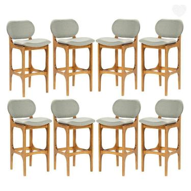 Imagem de Kit 8 Banquetas Alta Estofada Rafine Madeira Maciça Castanho Linho Verde