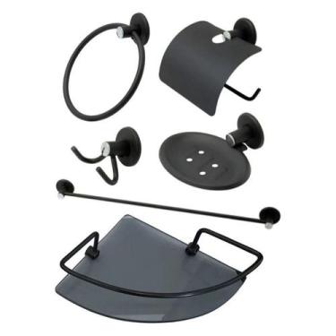 Imagem de Kit Acessórios P/ Banheiro 5 Peças preto fosco + 1 Porta Shampoo Vidro