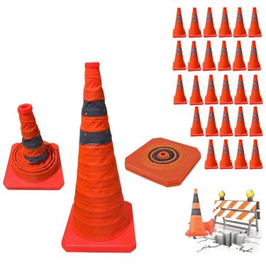 Imagem de Kit 27 Cones Retráteis Portáteis 70cm com Faixas Refletivas para Sinalização Laranja Economia Solar