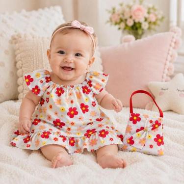 Imagem de Vestido Infantil Floral Verão Com Bolsinha Conjunto Menina Creme - Sap