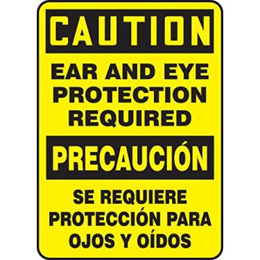Imagem de Accuform SBMPPA608VS Placa de segurança em vinil adesivo bilíngue espanhol, legenda "É necessária proteção de orelha e olhos", 35,56 cm comprimento x 25,40 cm largura x 0,000 cm espessura, preto sobre amarelo