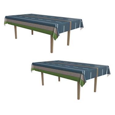 Imagem de Beistle Toalha de mesa retangular de plástico 2 peças de materiais de festa de aniversário para construção, 137 cm x 274 cm, cinza/preto/amarelo/verde