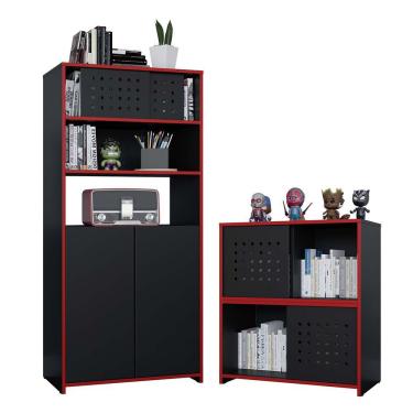 Imagem de Kit Armário Alto Baixo Gamer Escritório Pixel Preto Caemmun