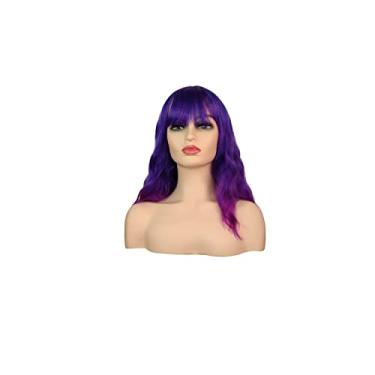 Imagem de Peruca encaracolada sintética curta bordô peruca com franja natural cabelo fibra resistente ao calor feminino (14 polegadas) (Gradiente roxo)