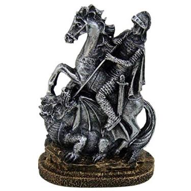 Imagem de Estátua São Jorge com Cavalo e Dragão Decorativo cor prata.