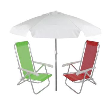 Imagem de Kit 2 Cadeiras De Praia Reclinável + 1 Guarda-Sol 2,00M Branco Belfix