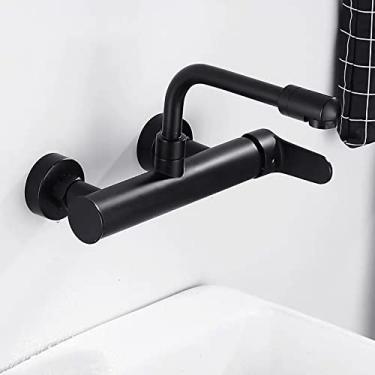 Imagem de Torneiras de cozinha em latão preto com dois furos para banheiro montado na parede 360 giratórias para lavatório torneiras de pia de água quente fria torneiras misturadoras, preto 280 mm