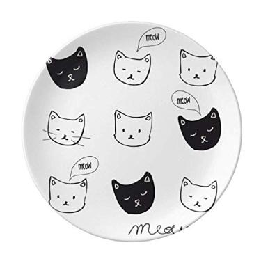 Imagem de Prato de gato branco preto com cabeça de gato mewing decorativo de porcelana salver talheres, prato de jantar