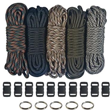 Imagem de Kit Paracord 550 - Cinco cores (verde-oliva, ACU, camuflagem florestal, camuflagem do deserto e preto) - Total de 100 pés com fivelas de liberação lateral preta de 10 cm e (5) chaveiros de 32 mm