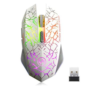 Imagem de Mouse para jogos sem fio TENMOS K6, mouse óptico de LED silencioso recarregável com receptor USB, 3 níveis ajustáveis de DPI e 6 botões, laptop compatível com hibernação/PC/notebook, Branco