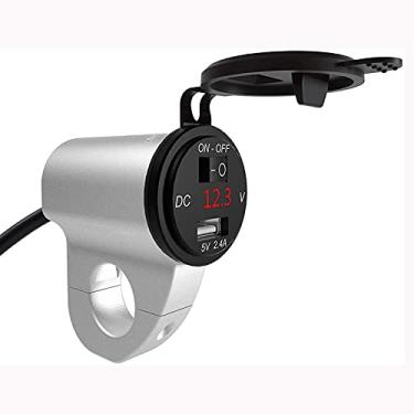 Imagem de NBZH Carregador de motocicleta 2,4 A para carro USB carregamento rápido visor digital tensão com interruptor de desligar, adequado para motocicletas, quadriciclos, liga de alumínio à prova d'água, prata