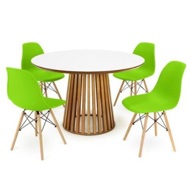 Imagem de Conjunto Mesa de Jantar Redonda Luana Amadeirada Branca 120cm com 4 Cadeiras Eames Eiffel - Verde