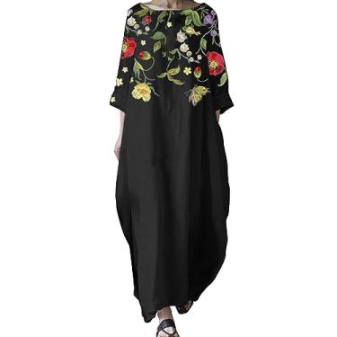 Imagem de UIFLQXX Vestido feminino plus size verão vintage estampa floral vestido longo gola redonda manga 3/4 casual vestido solto, Preto, XXG