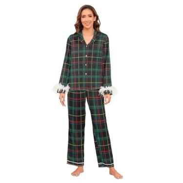 Imagem de GuoChe Conjunto de pijama de cetim macio manga longa punho de penas conjuntos de pijama feminino loungewear conjunto de pijamas de festa única P xadrez, Buffalo xadrez xadrez xadrez