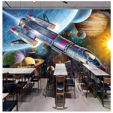 Imagem de TUYIFA Papel de parede 3d papel de parede moderno pintado à mão desenho animado espaço universo foguete quarto infantil mural de parede (169''x118'' (430x300cm), pano de seda)