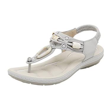 Imagem de Sapatos femininos sandálias de bico aberto com strass confortável e parte inferior macia com faixa elástica, Cinza, 7