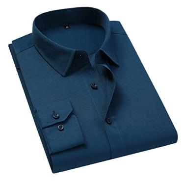 Imagem de Men's Long Sleeve Shirt Solid Color Casual Slim Fit Plus Size Business Shirt Button Shirt (Color : Lake Blue, Size : M (45-53kg))