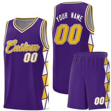 Imagem de Camiseta de basquete personalizada com shorts atléticos, roupa de treino esportiva leve personalizada para homens/jovens, Roxo/amarelo-branco 26, One Size