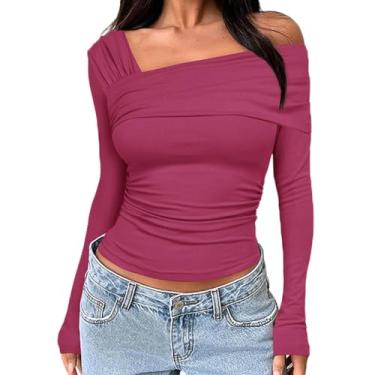 Imagem de Sdencin Camiseta feminina sexy Y2K com ombros de fora franzidos, manga comprida, gola irregular, caimento justo, para sair, rosa, P
