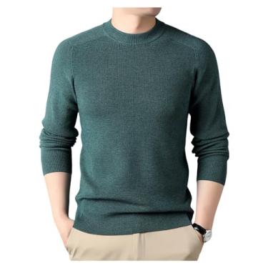 Imagem de Camisa masculina de malha de cor sólida gola rolê fina suéter justo pulôver inferior, Verde, XXG