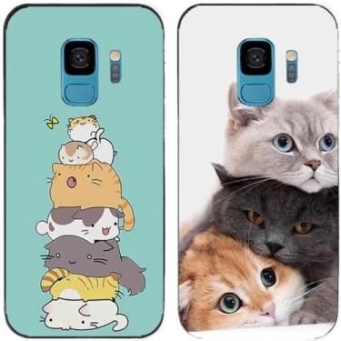Imagem de 2 peças de capa de telefone traseira de silicone em gel TPU com estampa de pilha de gato fofo para Samsung Galaxy todas as séries (Galaxy S9)