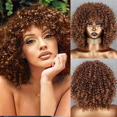 Imagem de XINRAN Peruca afro marrom encaracolado para mulheres negras, peruca curta cacheada com franja, peruca sintética de cabelo afro completo 35,5 cm (marrom claro)