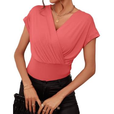 Imagem de Meetrendi Camiseta feminina de verão 2024 com gola V franzida e manga cavada, Vermelho coral, M