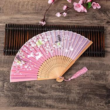 Imagem de YQHWLKJ Ventilador dobrável estilo chinês vintage, ventiladores de mão de pano de bambu, decoração de casa, presentes de casamento, festa de dança, ventiladores portáteis