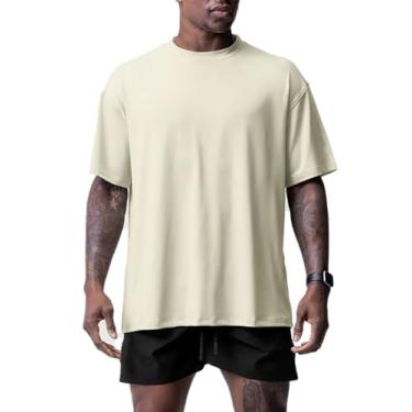 Imagem de Pzgwan camisa de natação para homens correndo pescoço redondo rash guard manga curta quick dry surf pesca t shirt,Beige,M