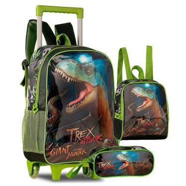 Imagem de Mochila De Rodinhas + Lancheira + Estojo T Rex Attack Verde