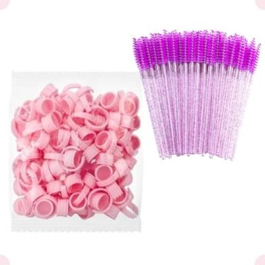 Imagem de Kit 100 Anel Batoque Descartavel M + 50 Escovinha Roxa Cilios Sobrancelha Cola Henna