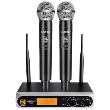 Imagem de Kaschun Microfone sem fio, conjunto profissional de microfones dinâmicos sem fio, portátil Microfono Inalambrico Professional, alcance de 60 metros, fácil de usar para cantar, karaokê, DJ, igreja