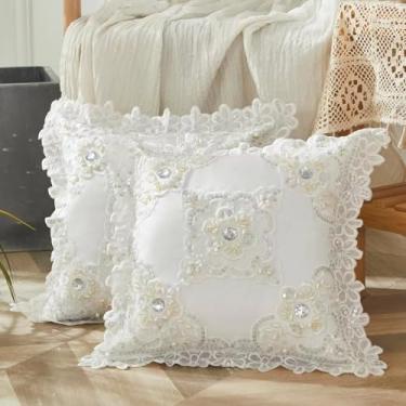 Imagem de Capas de almofada de renda feitas à mão Euro Modernas Decorativas Florais Brancas 2 Pacotes de 40.6 cm x 40.6 cm de Algodão com Detalhe Neutro Fronhas Bordadas para Sofá Sofá ou Cama