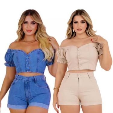 Imagem de Kit 2 Conjunto Feminino Jeans Azul e Bege Cós Alto Jeans Feminino Com 