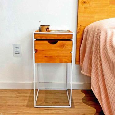 Imagem de Mesa Lateral com Gaveta Industrial de Ferro e Madeira Carvalho e Branc