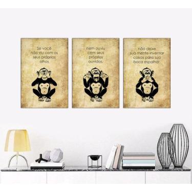 Imagem de Quadros Macacos Sábios Rústico 20x30cm Kit 3 Peças Decorativo Sala Qua