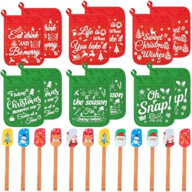 Imagem de Yaomiao Suportes de panela de Natal com espátula de silicone conjunto de espátula de silicone com alças de madeira suportes de panela para cozinha utensílios de cozinha de Natal presentes de cozimento de Natal para natal (24, vermelho, verde)