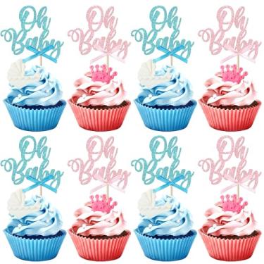 Imagem de 24 Pack Oh Baby Cupcake Toppers Glitte with Bow Oh Baby Cupcake Picks for Gender Reveal Baby Shower Boys Girls Kids Birthday Theme Party Cake Decorations Supplies Light Pink Blue