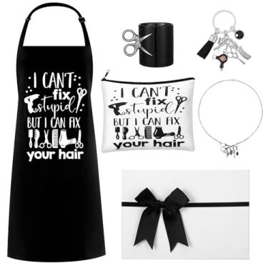 Imagem de Coume Conjunto de presente de cabeleireiro de 6 peças para presentes de apreciação de cabeleireiro, inclui caneca de cabeleireiro, avental, bolsa de maquiagem, tesoura, chaveiro e caixa de presente