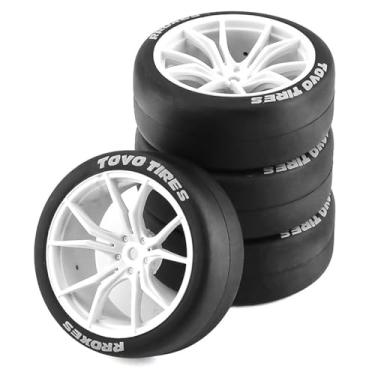 Imagem de Chanmoo 1/10 RC Rally On Road Car Tires and Hard Plastic Wheels Rims Drift Tyres 12mm Hex for 1:10 Scale RC Racing Car Tamiya Traxxas HPI KYOSHO XV02 XV01 TA06 TT01 TT02 PTG2 WR8 A959 4PCS (A White)