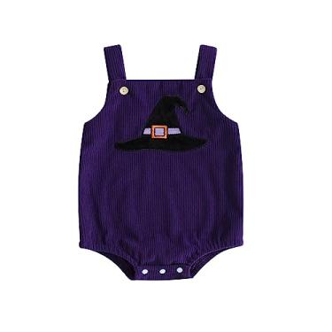 Imagem de JLKGICF Roupas de Halloween para bebês, meninos, meninas, abóbora, fantasma, suspensório, macaquinho de veludo cotelê, macacão de Halloween, Chapéu de bruxa roxo, 3-6 Meses