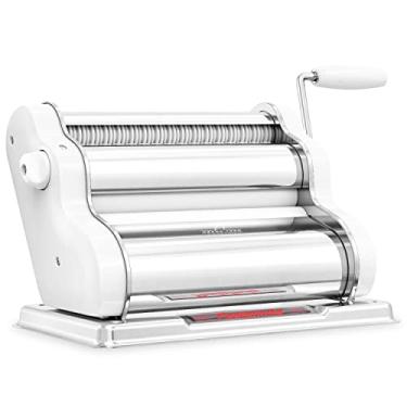 Imagem de PASTALINDA Máquina de fazer massa clássica 260, rolos de 26 cm de largura, 9 posições de espessura, 2 posições de corte, aço inoxidável. Inclui manivela de mão reforçada e dois grampos (branco)
