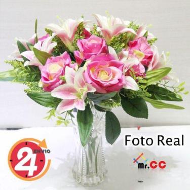 Imagem de Buquê/galho Rosas Lírios Artificial 12 Flores C/folhagens - oem, lilas