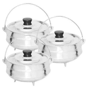 Imagem de Jogo Panela Tripé Polido N3, N4 e N5 Com Tampa Leve e Puxador Preto - 