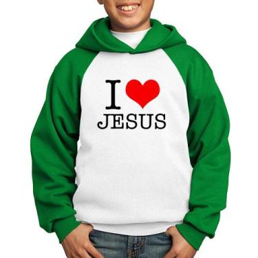 Imagem de Moletom Infantil I Love Jesus - Foca na Moda, Branco, Verde, 10