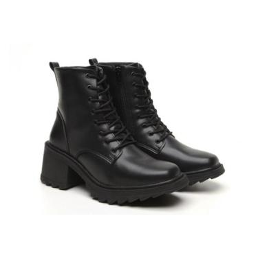 Imagem de Bota Coturno Salto Grosso Alto Bico Quadrado Cano Curto Preto e Off-Wh